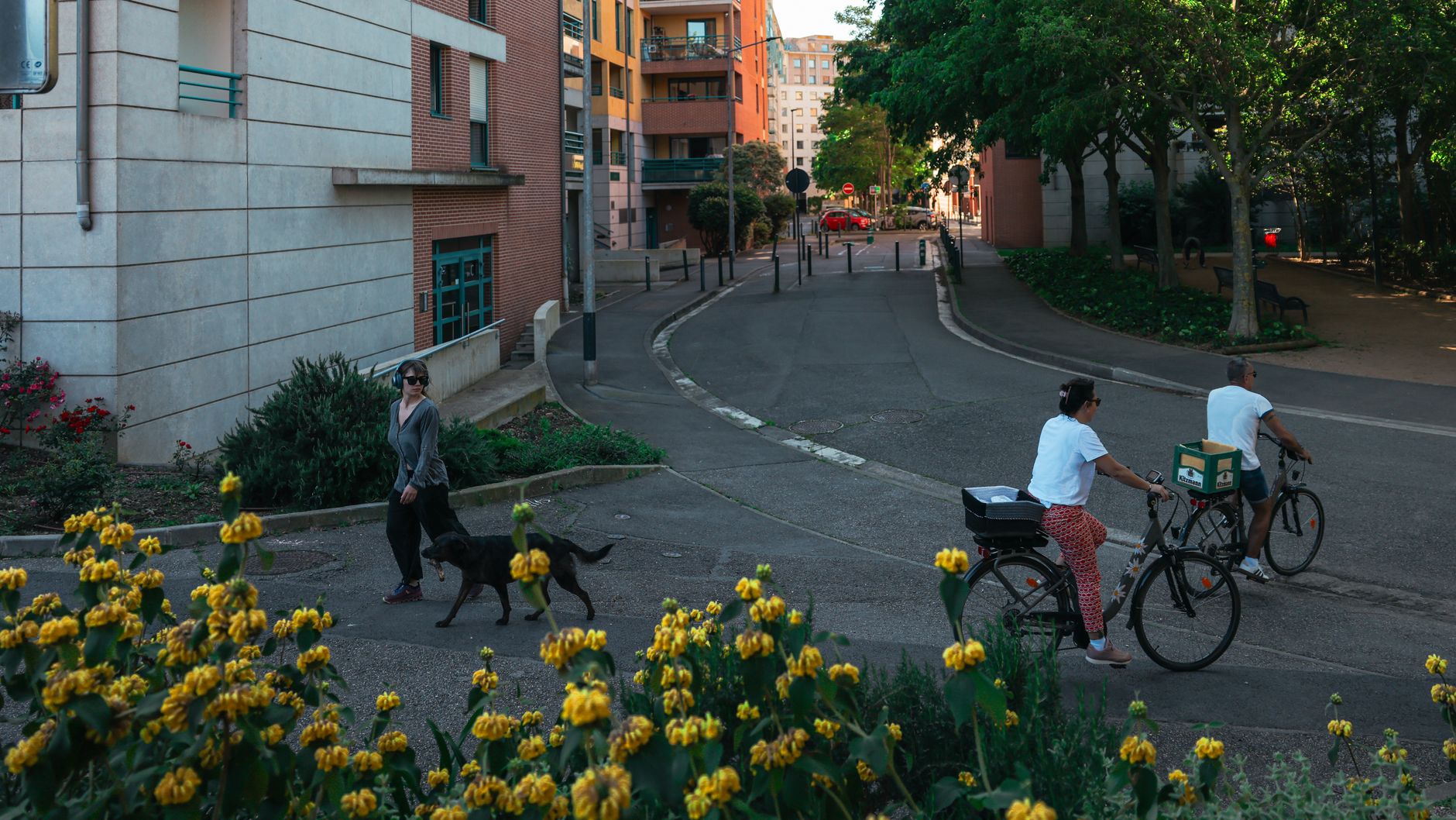 Street scene in Toulouse, France, featuring cyclists, a pedestrian, buildings, and flora.